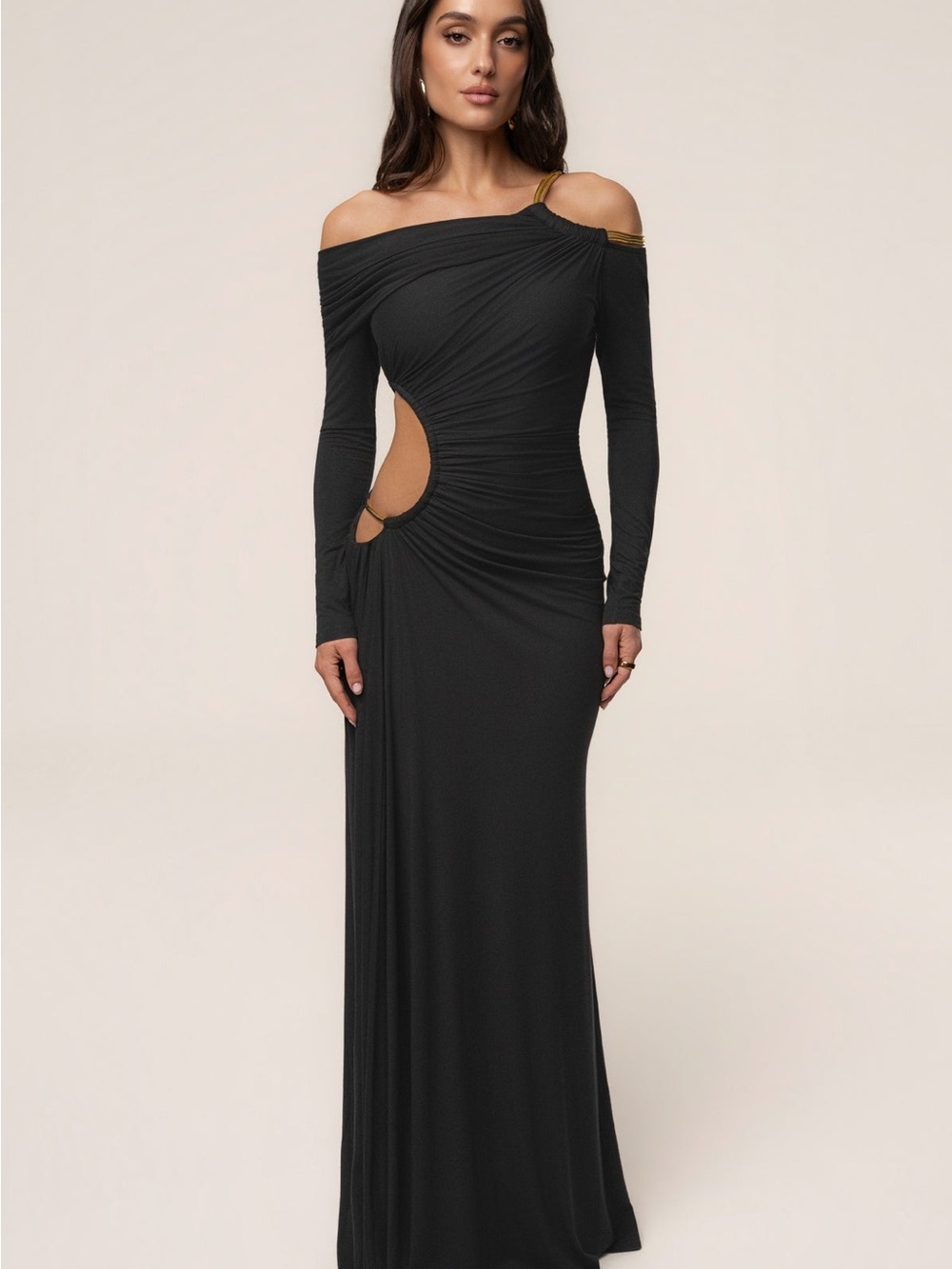 JLUXLABEL Black Off-Shoulder Long Sleeve Cutout Gown with Gold Accent
